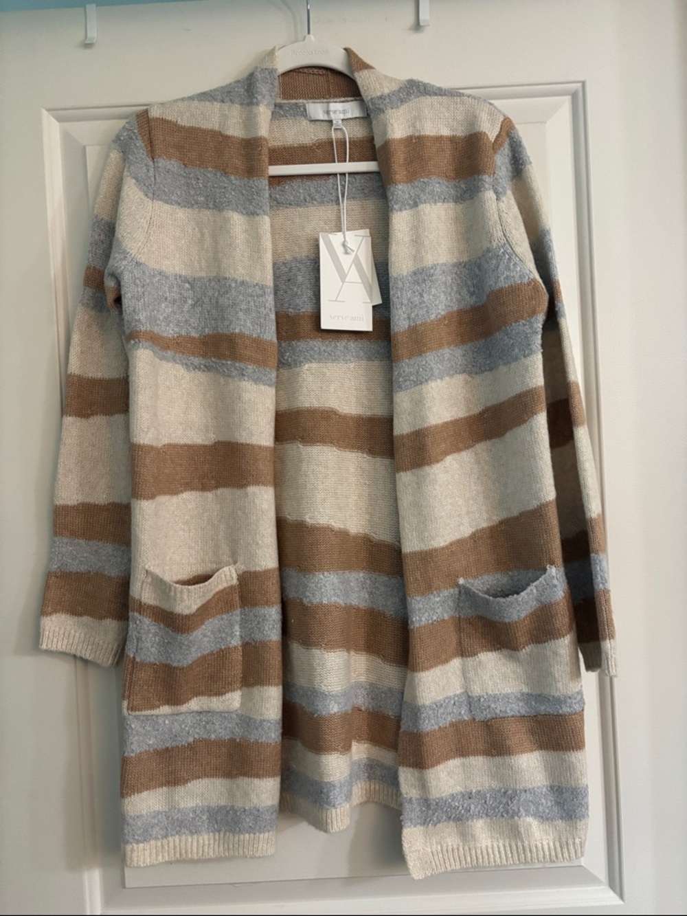 New! Verve Ami tan, beige, gray striped caridgan, Medium